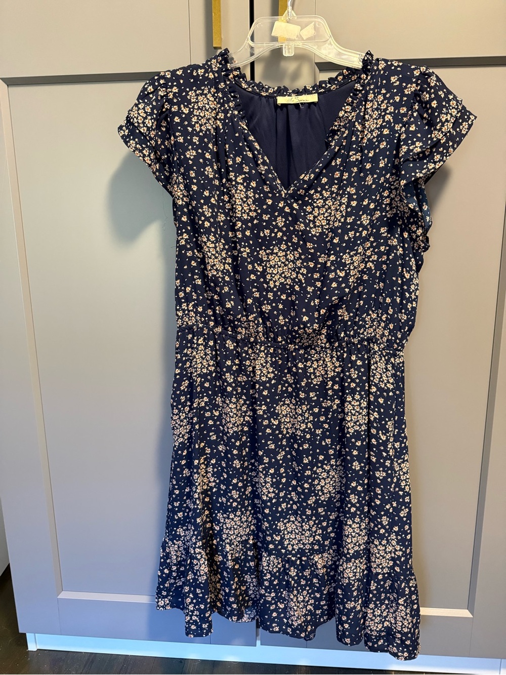 Navy Floral V-Neck Ruffle Sleeve Dress